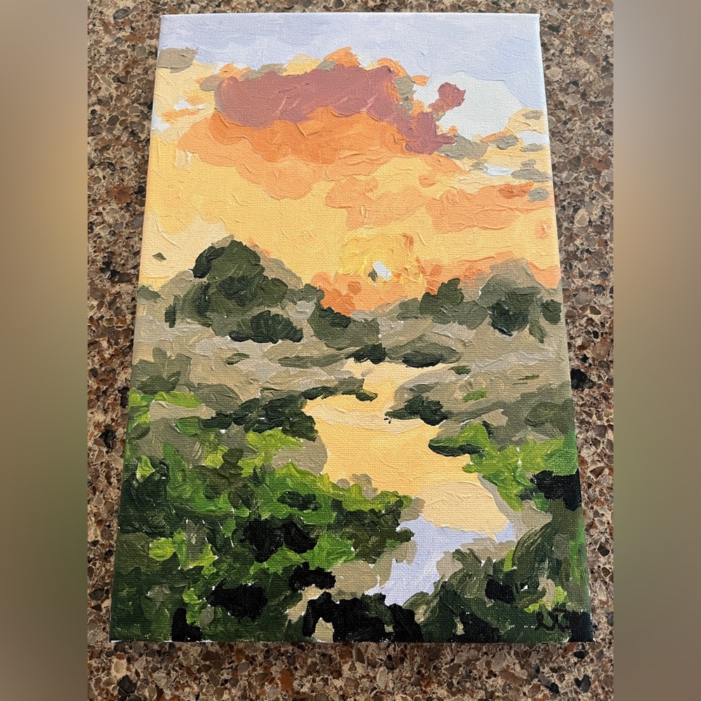 New hand painted by me acrylic on canvas painting orange sunset in lush forest